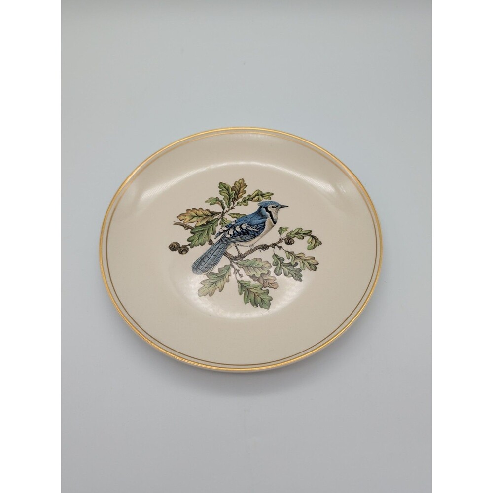 Vtg Bluejay Plate Oak Branch Acorns Cottage Core Birder Granny Gold Trim